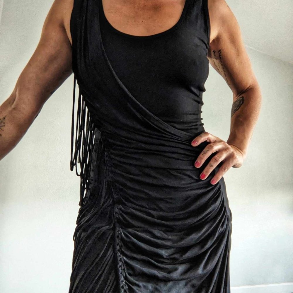 Black Karen Millen dress with braid & fringe. (S)